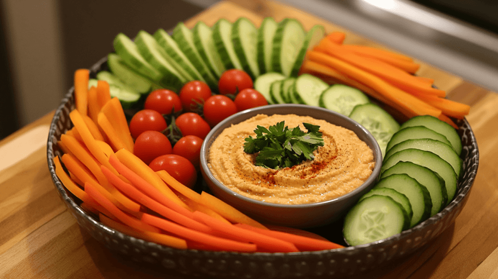 Realistic photo of a colorful veggie platter with sliced carrots, bell peppers, cucumbers, and cherry tomatoes arranged around a bowl of hummus. Thanksgiving appetizers

