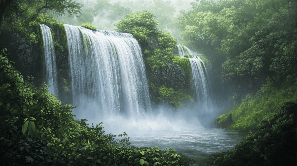 Realistic photo of Victoria Falls cascading down surrounded by lush green foliage and mist.
