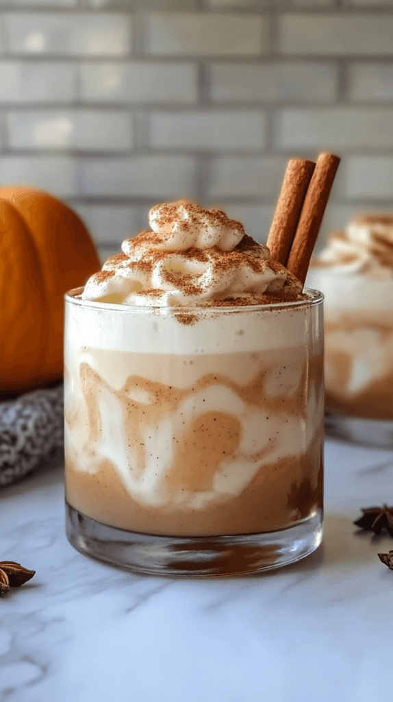 Realistic photo of a Pumpkin Spice White Russian in a rocks glass, topped with a cinnamon stick and a sprinkle of pumpkin pie spice, with a creamy swirl visible in the drink. 