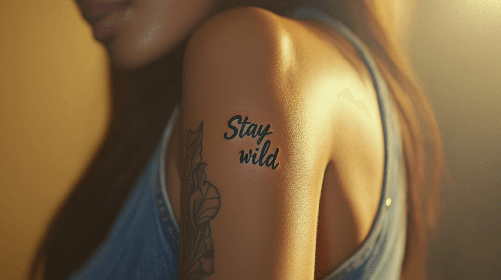 stay wild tattooed on shoulder of woman