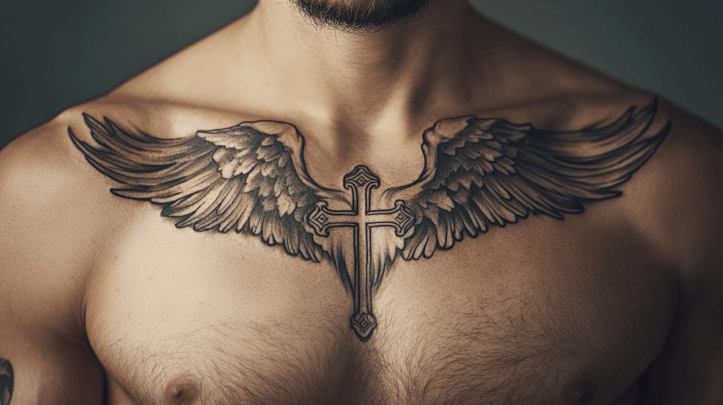 mans check with wings span across and a cross in the middle of this large tattoo