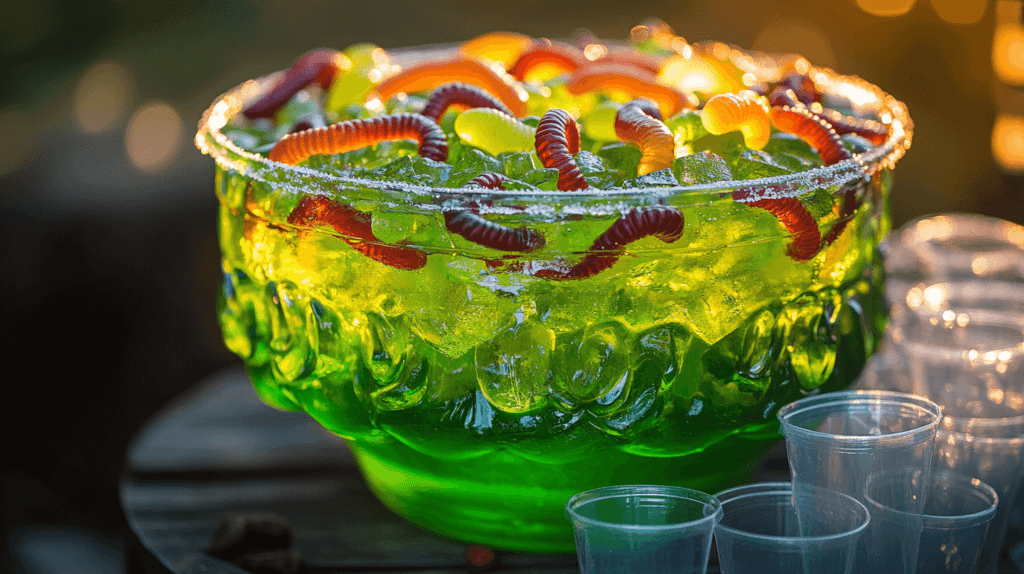 Realistic photo of a large punch bowl filled with green Witch's Brew, garnished with gummy worms and ice, surrounded by clear plastic cups ready for serving. Halloween cocktails. 