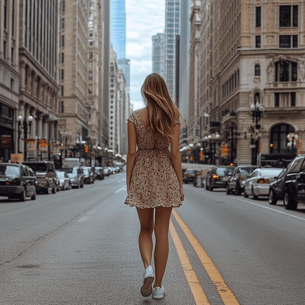 cheap living; photo of a woman walking down a city street in a dress, and white sneakers