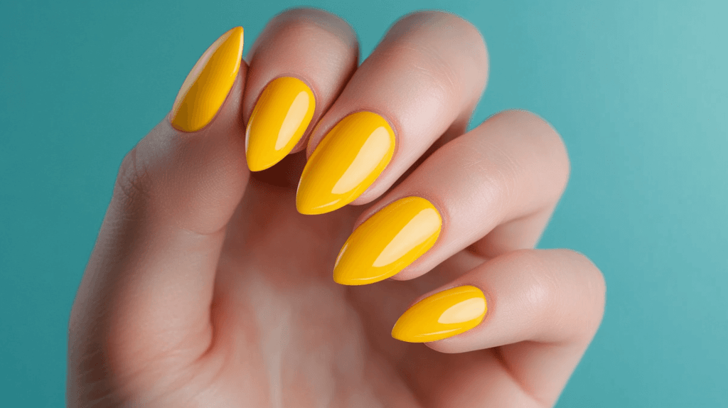 A bold yellow manicure on a female hand, nails are rounded and glossy.
