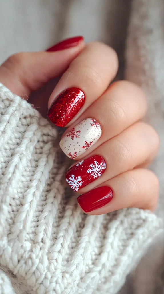 Christmas nails, red and white snowflakes female manicure