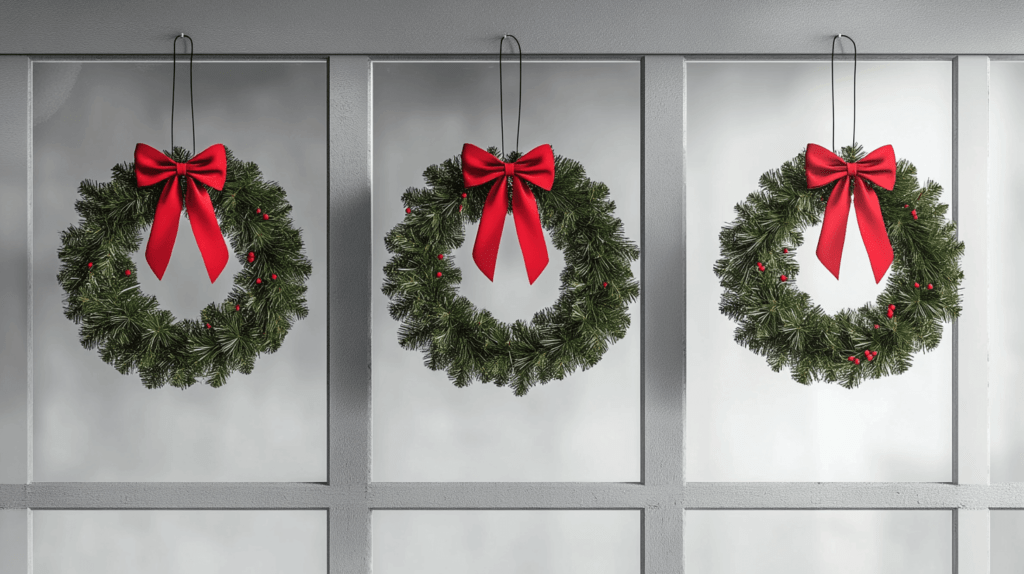 three Christmas wreaths hung with wreath hangers on three window panes next to one another