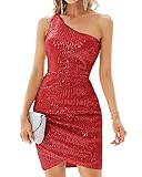 Red Sequin Dress for Women Glitter Sparkle Club Dress Cocktail Party Ruched Wrap Bodycon One Shoulder Dresses Red 2XL