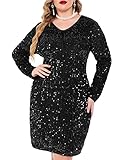 IN'VOLAND Womens Sequin Dress Plus Size V Neck Party Cocktail Sparkle Glitter Evening Stretchy Mini Bodycon Dresses Black