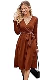 Newshows Womens 2024 Fall Sweater Dress Long Sleeve Business Casual Outfits V Neck Ribbed Knit Belt Trendy with Pockets(Caramel, XL)