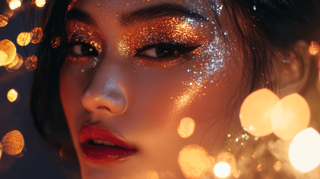 Asian woman with heavy glitter around her eyes