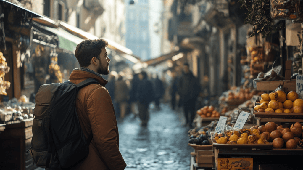 
Realistic photo of a candid moment of a traveler walking down a cobblestone street in a bustling market, looking off to the side and enjoying the scenery.