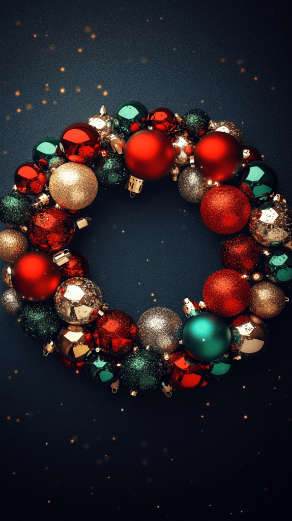 Realistic photo of a vibrant Christmas wreath made entirely of shiny, colorful Christmas balls in various sizes, with a mix of red, green, gold, and silver ornaments, arranged in a circular shape and reflecting soft holiday lights. Christmas background 