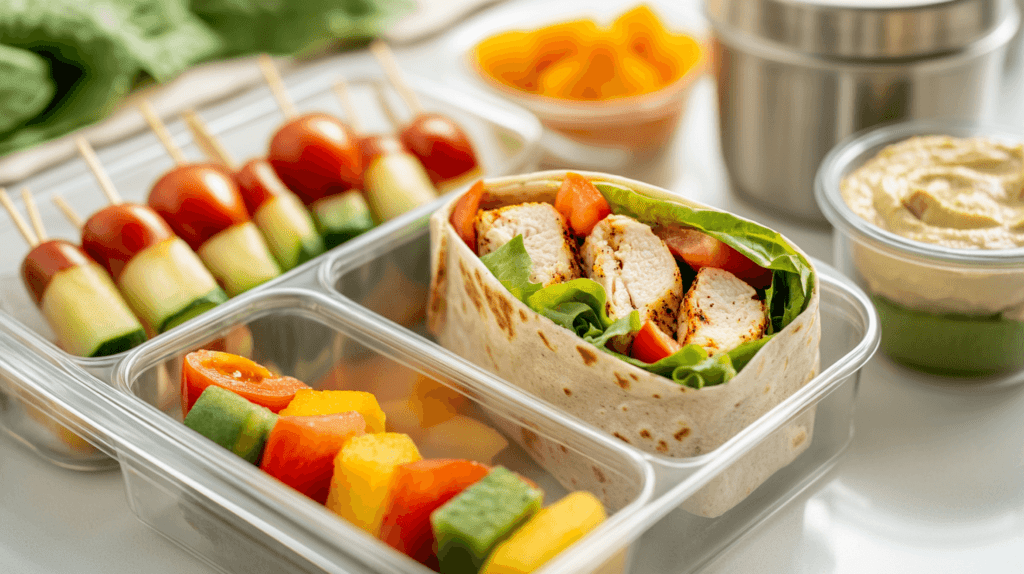 school lunches, wrap and fruit kabob in Bento box