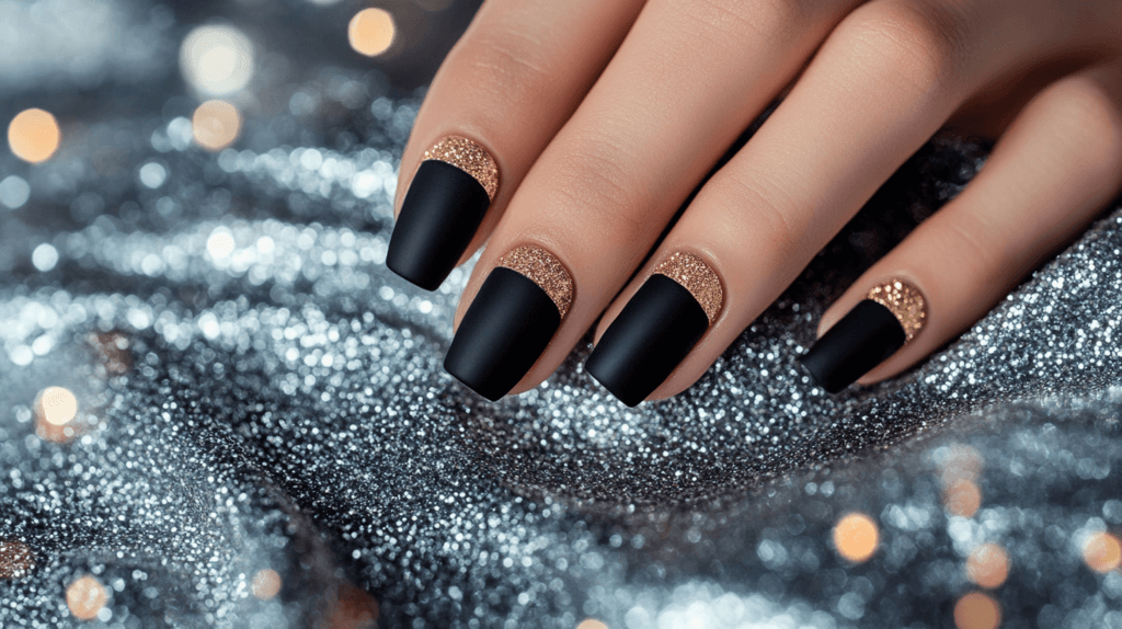 black matte with gold glitter new years nails