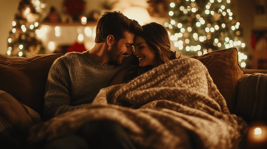 couple snuggling under a blanket with Christmas tree in the background