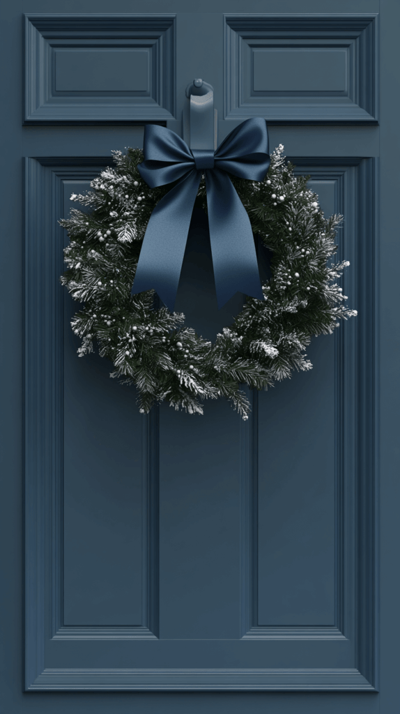 blue pine wreath hung on a blue door