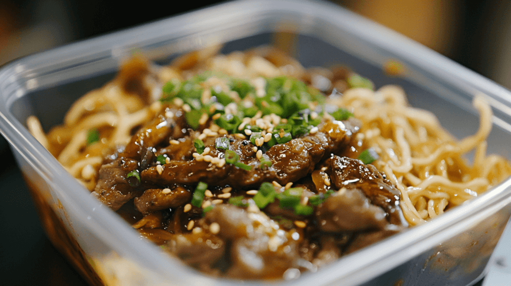 meat and noodles in a plastic container