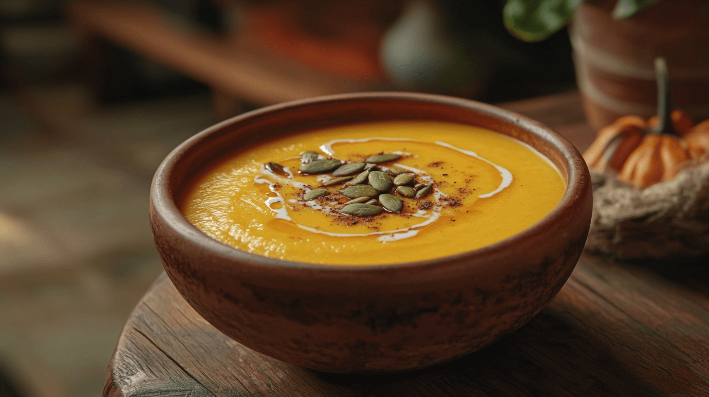 Realistic photo of a warm bowl of creamy butternut squash soup garnished with toasted pumpkin seeds and a swirl of coconut milk, placed on a rustic wooden table with a cozy fall atmosphere and soft natural lighting.