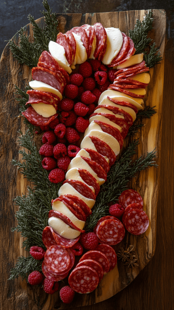 Realistic photo of a wooden charcuterie board with slices of white mozzarella cheese and red pepperoni arranged in a hooked J-shape, striped pattern to form the shape of a candy cane. The cheese and pepperoni candy cane is fully surrounded by with raspberries, red apple slices, with small sprigs of rosemary for a festive holiday touch.