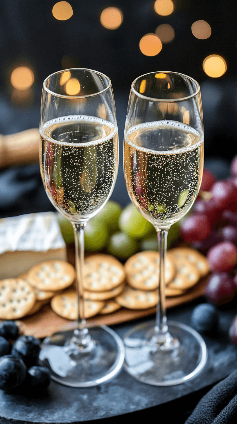 two glasses of champagne with crackers and cheese in the background