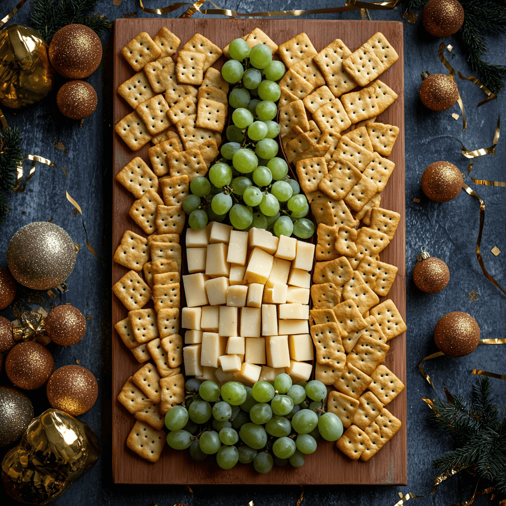 bottle shape made from grapes and cheese and crackers for new years eve charcuterie board