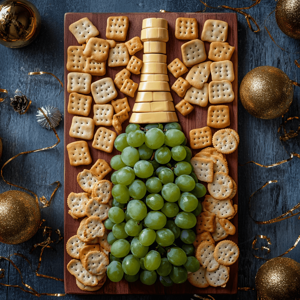 champagne bottle shape formed from cheese, grapes and crackers