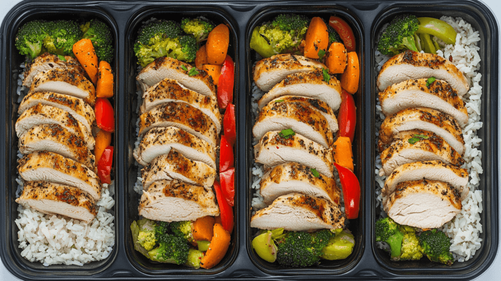 four meal prep containers with sliced meat and vegetables next to each other