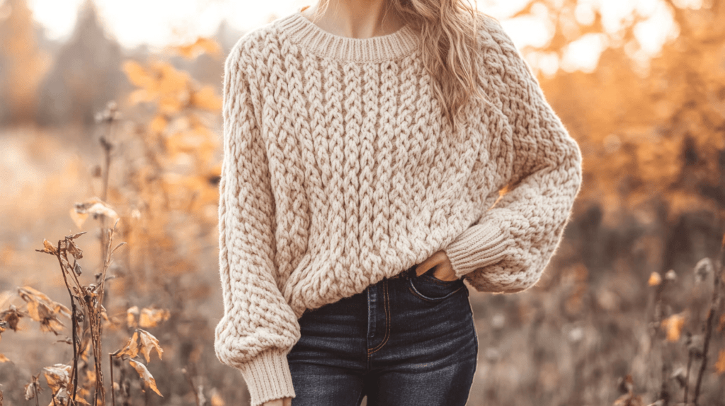 realistic photo of a woman wearing a cozy fall capsule wardrobe, featuring a neutral-toned chunky knit sweater, dark wash jeans, and ankle boots. She stands outdoors against a soft autumn background with warm, natural lighting.