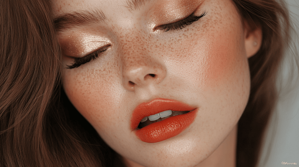 coral lipstick and beige shimmer eyeshadow