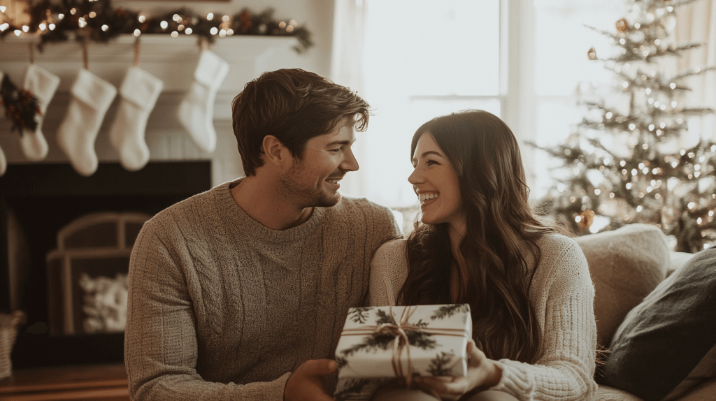 couple exchanging a wrapped gift