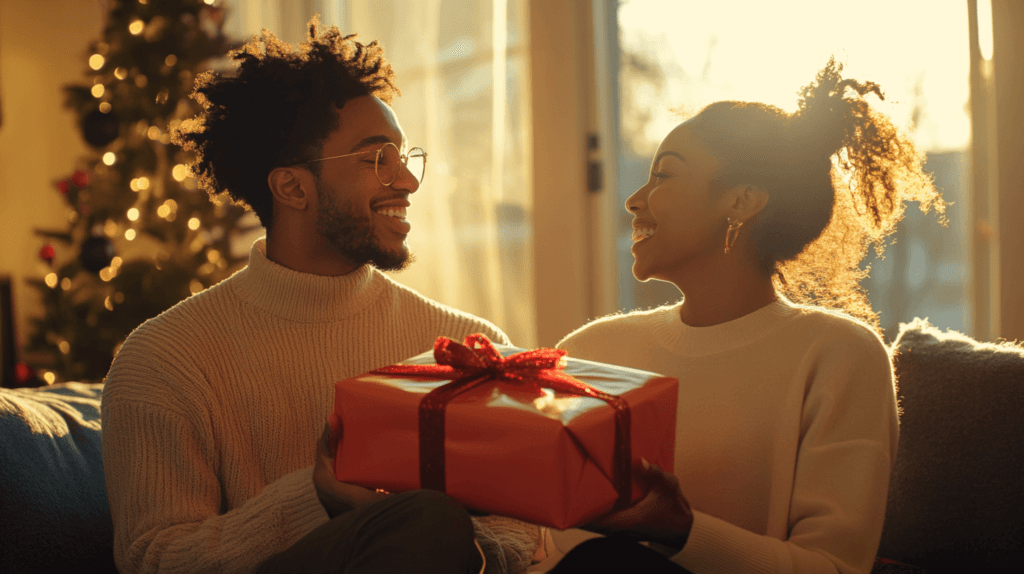 Christmas couples opening a gift