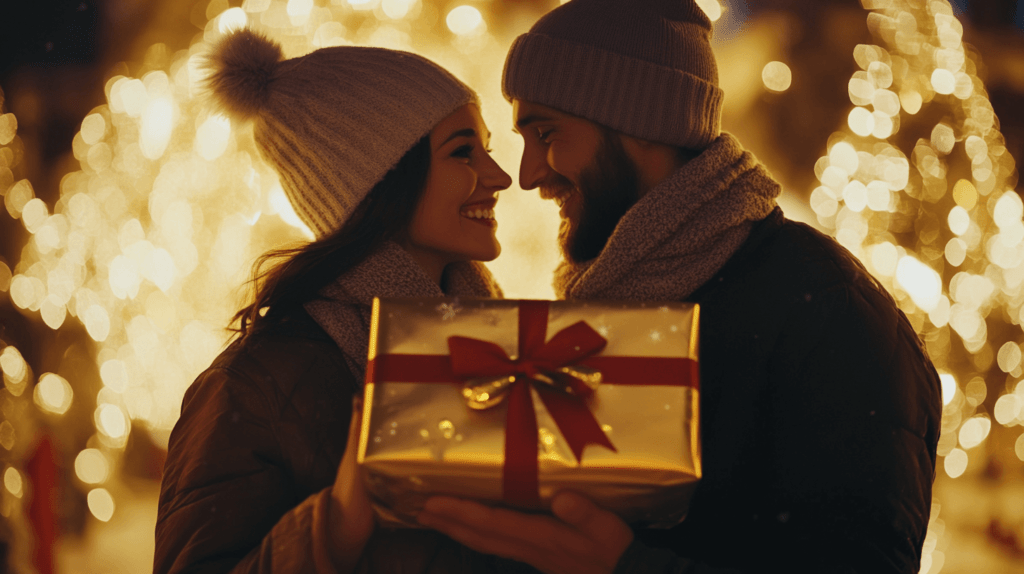 man and woman holding a wrapped present together