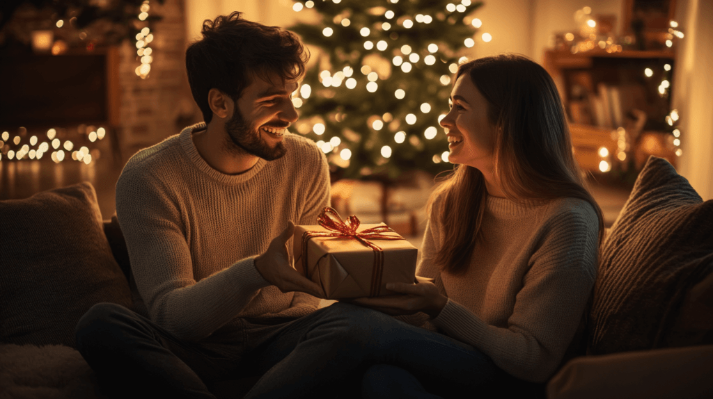 a man and woman with a wrapped box at the holidays