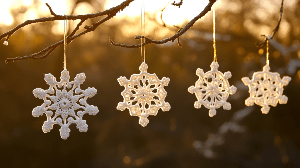 crochet snowflakes hanging from a tree branch