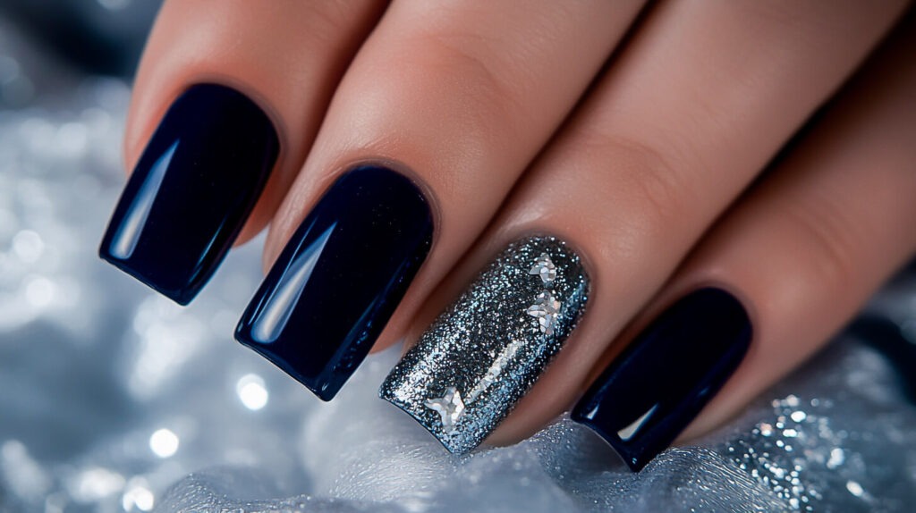 navy blue nails with one blue and silver accent nail, Christmas acrylic nails