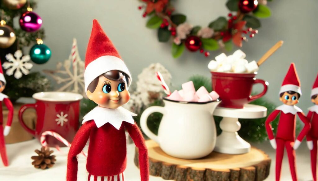 Elf on the shelf with hot cocoa