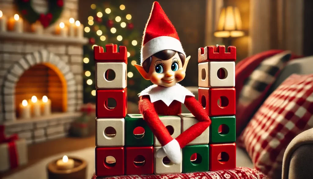 elf on the shelf peeking through a castle of blocks