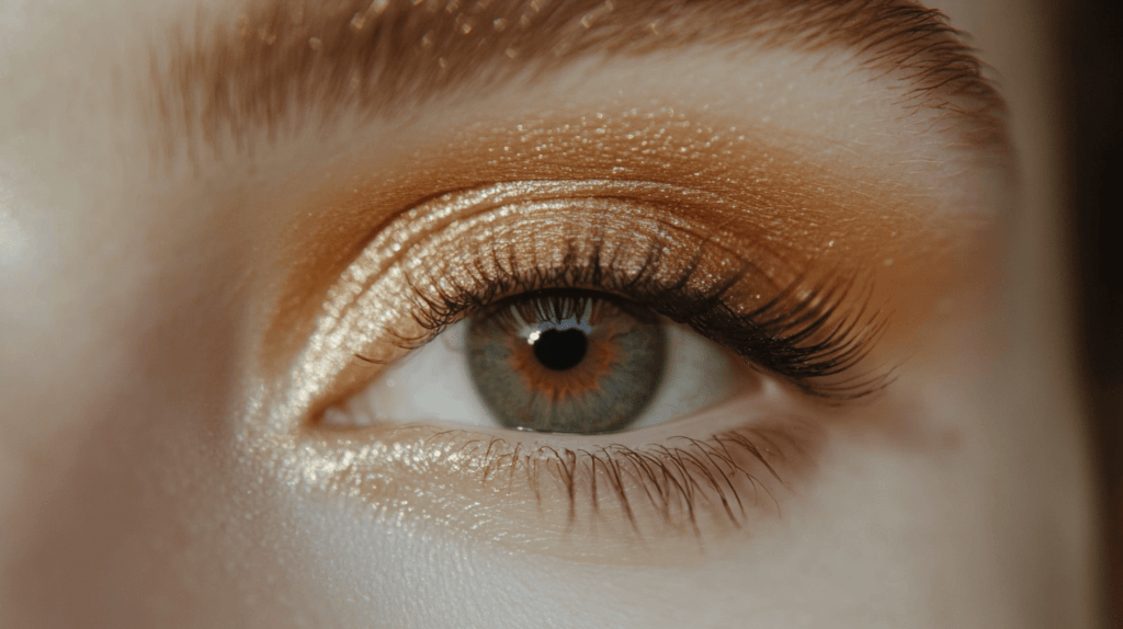 mild glitter eyeshadow, close up of one green eye