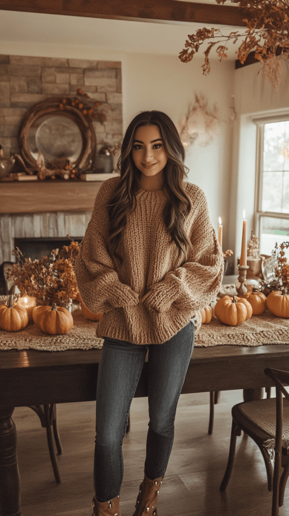 realistic photo of a woman in a cozy fall outfit, wearing a light brown chunky knit sweater, dark wash jeans, and ankle boots, standing near a rustic Thanksgiving table set with simple seasonal decor like mini pumpkins and candles. The background shows warm autumn tones and natural lighting. 