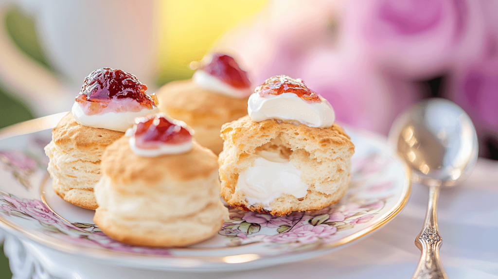 filled scones with cream and jam on top, tea party snack