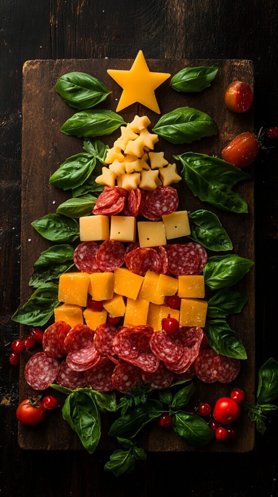 Realistic photo of a Christmas charcuterie board with ingredients arranged flat in a layered triangle to resemble a Christmas tree. Fresh basil leaves form the base "branches," with alternating rows of sharp cheddar cheese cubes and salami slices creating the tree shape. A small star made of cherry tomatoes tops the tree, with mini cheese stars scattered throughout for decoration. This is on a wooden charcuterie board