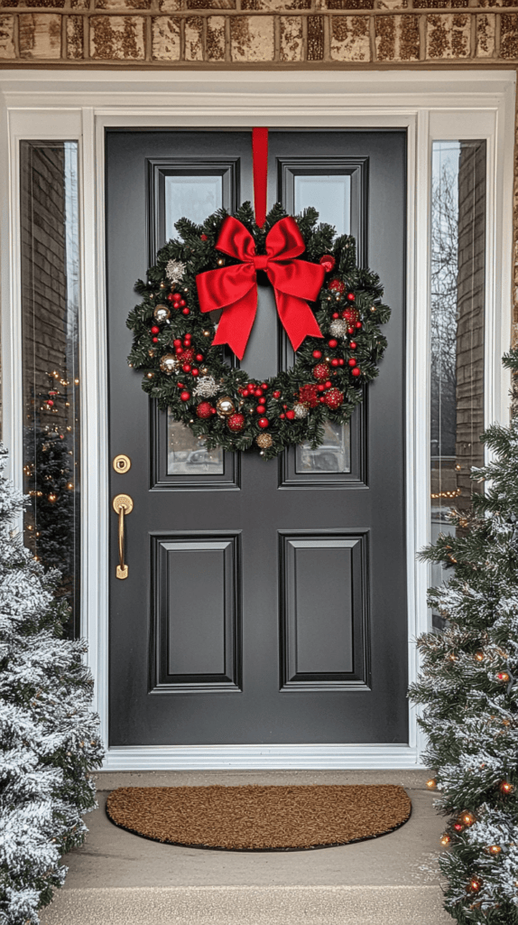 front door decorated for the holidays with a Christmas wreath