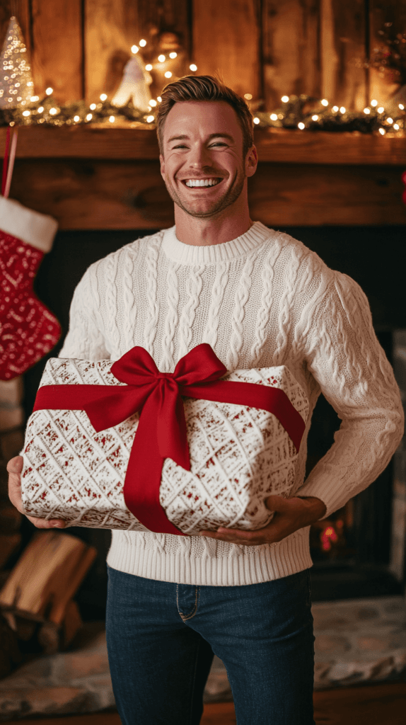 realistic photo of an attractive man laughing as he holds a large, wrapped Christmas gift under his arm. The gift is decorated with classic red and white wrapping paper and a big bow. He's dressed in a cozy, cable-knit sweater, standing beside a crackling fireplace with stockings and holiday decorations around, creating a warm, joyful holiday scene indoors. 