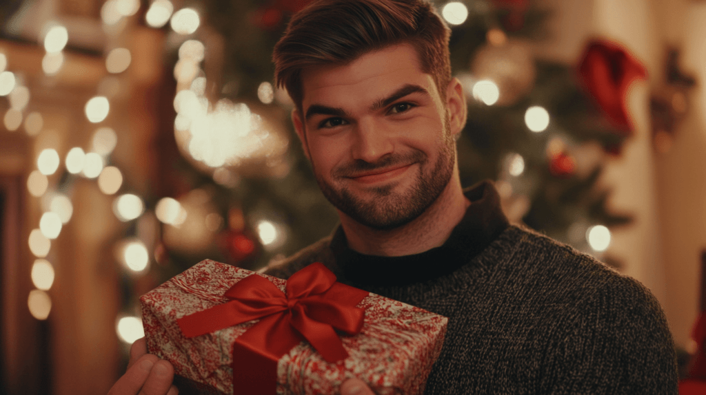 realistic photo of an attractive man with a warm smile, holding a wrapped Christmas gift in his hands. The gift is wrapped in festive paper with a red ribbon, and the man is dressed in a cozy sweater. He’s standing in a softly lit room with a decorated Christmas tree and twinkling lights in the background, creating a warm, inviting holiday atmosphere. 