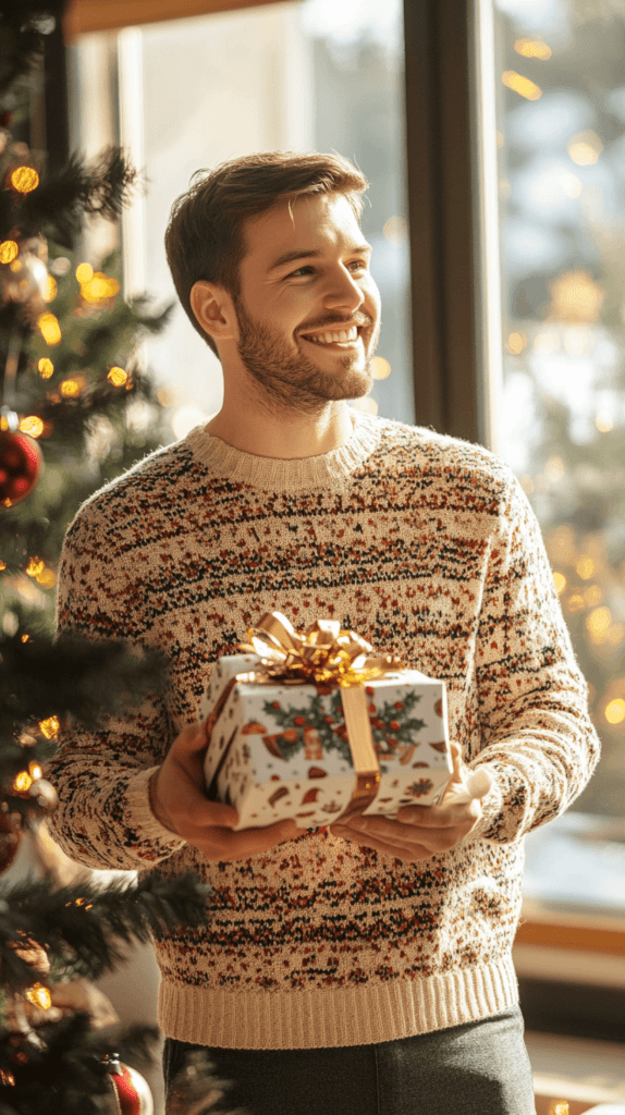 Man in a Christmas sweater holding a present