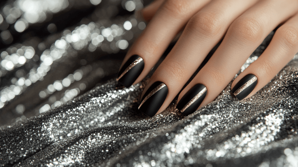 black manicure with golden stripes