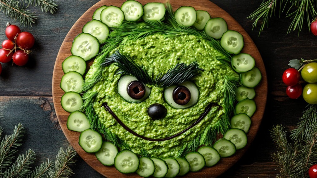 Realistic photo of a Christmas charcuterie board arranged to resemble the Grinch’s face. The face is made with a layer of green foods like guacamole or pesto spread evenly across a circular board. Sliced cucumbers and green grapes outline the face, while black olives create the mischievous eyes and eyebrows. A small red bell pepper slice forms the mouth