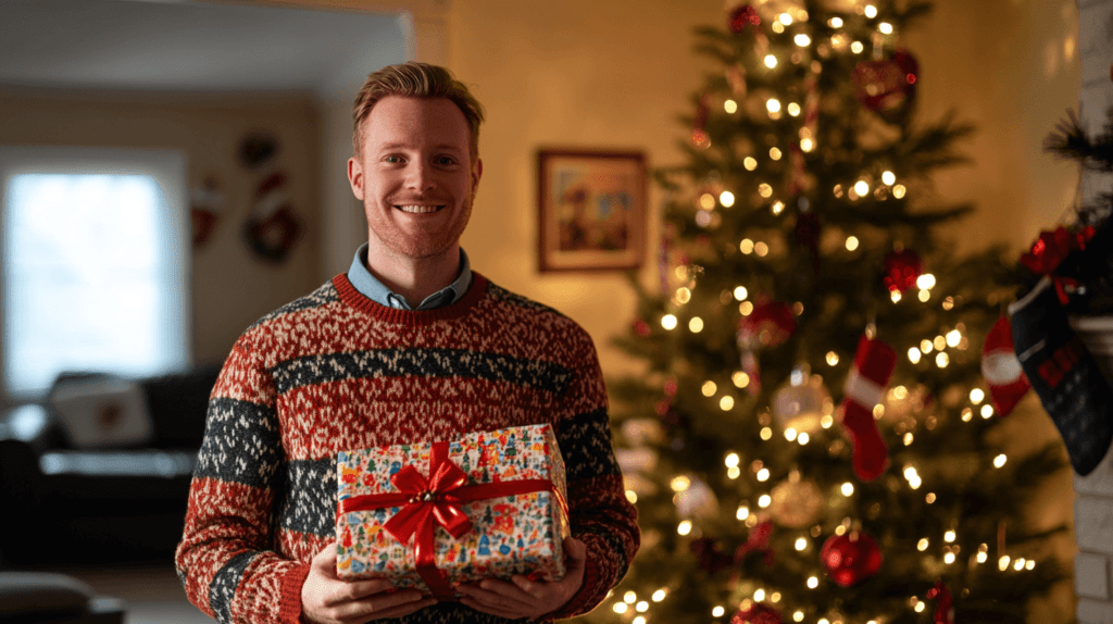 Christmas gifts for him; man holding a gift that it wrapped near a Christmas tree