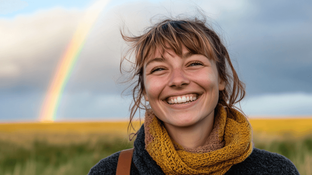 faith quotes woman happy outside what a rainbow behind her