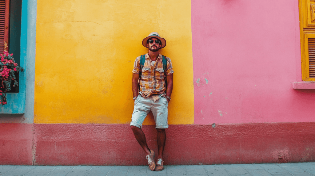 man standing with his back to a colorful wall